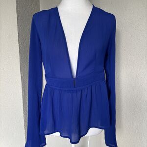 Urban Outfitters Top Womens Blue Bell Sleeve V Neck Cut Out Back Peplum Medium